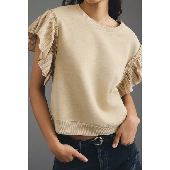 Anthropologie Pilcro Chambray Flutter Sleeve Sweatshirt Tee Sand Size S - Picture 3 of 6